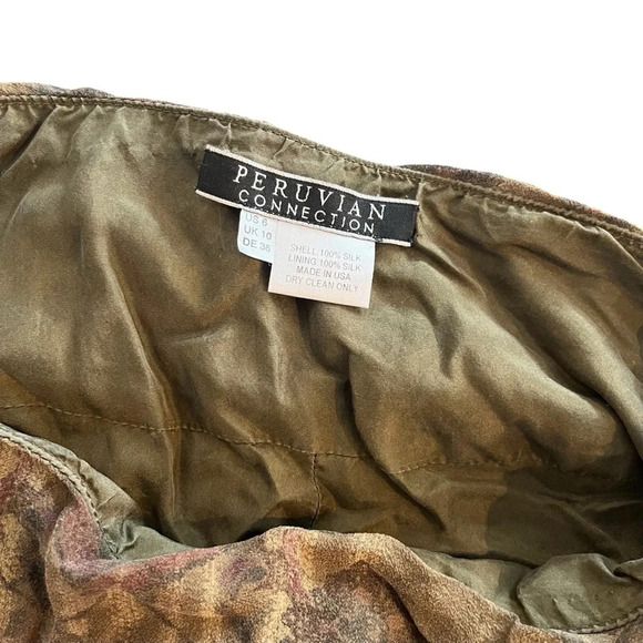 Peruvian Connection Olive Green and Brown Floral Silk Chiffon Skirt Size 6 - Picture 3 of 7